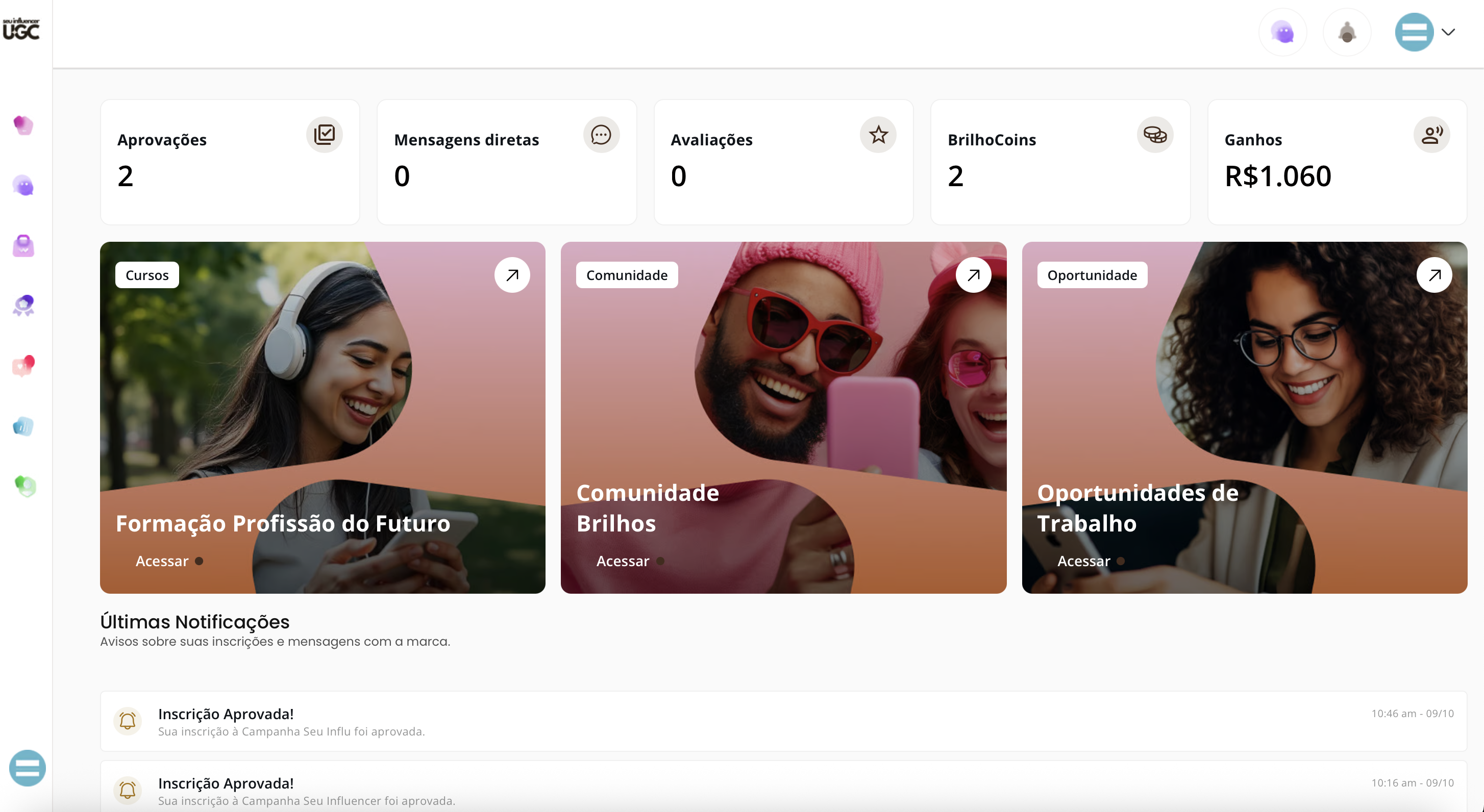 Painel da plataforma Seu Influencer